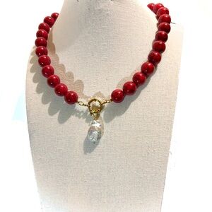 Just in💕NEW Chic Red Marble Natural Stone Real Freshwater Pearl Choker Necklace